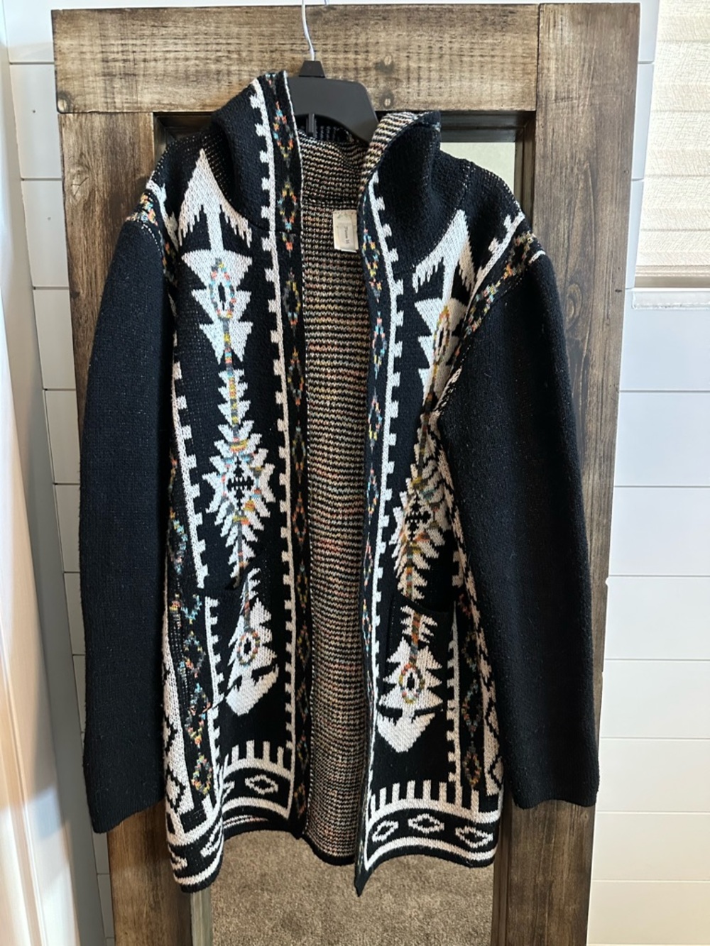 Aztec Southwest Cardigan Sweater Hooded Open Front Boho Western L/XL - Picture 2 of 6